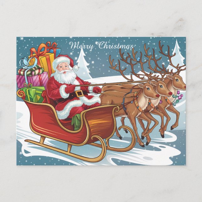 Santa's Sleigh Ride Christmas Gifts and Reindeer Postcard (Front)