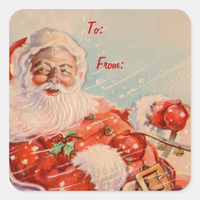 Santas Sleigh Ride Square Gift Tag Stickers (Front)