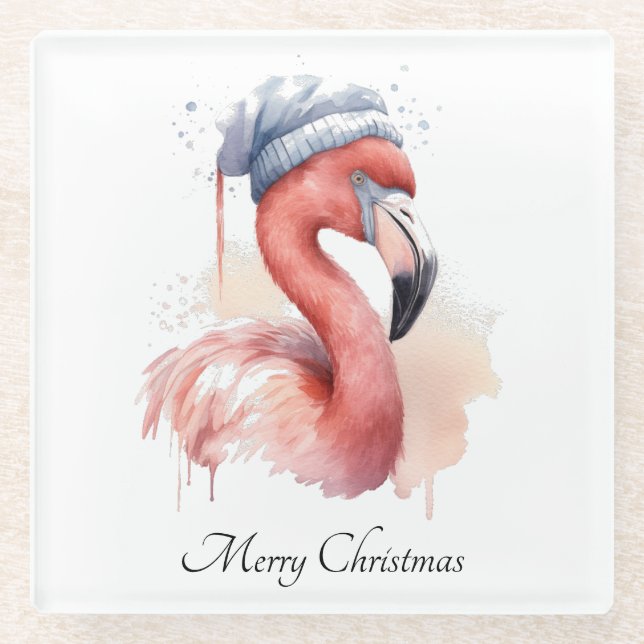 Santa's Snowbird Flamingo, custom Glass Coaster (Front)