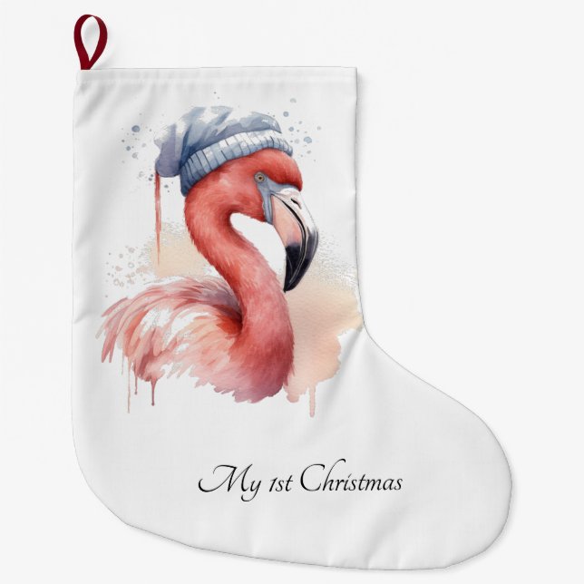 Santa's Snowbird Flamingo, custom Large Christmas Stocking (Front)