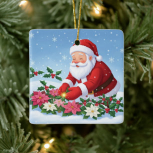 Santa's Snowy Poinsettia Garden Ceramic Ornament