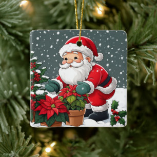Santa's Snowy Poinsettia Garden Ceramic Ornament