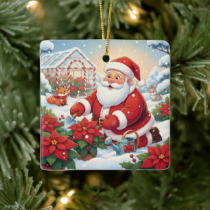 Santa's Snowy Poinsettia Greenhouse Garden Ceramic Ornament
