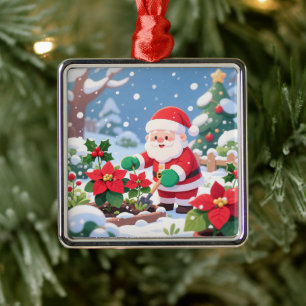 Santa's Snowy Poinsettia Greenhouse Garden Metal Tree Decoration