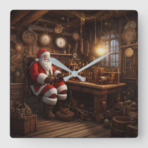 Santa's Steampunk Workshop Square Wall Clock