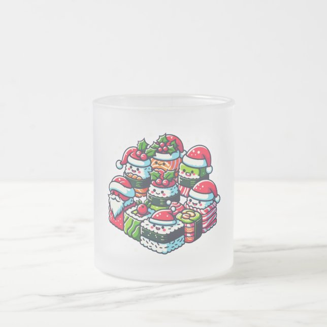 Santa's Sushi Delight - Festive Christmas Art Frosted Glass Coffee Mug (Center)