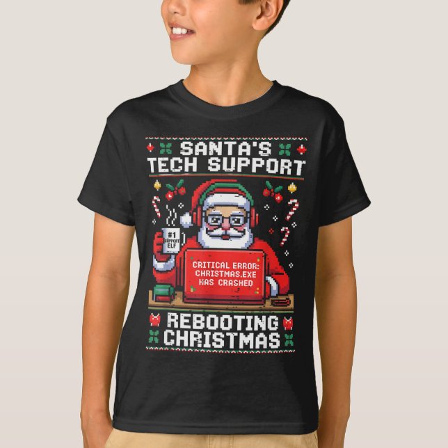 Santa's Tech Suprt Rebooting Christmas Ugly Santa  T-Shirt (Front)