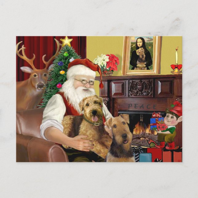Santas Two Airedales Holiday Postcard (Front)