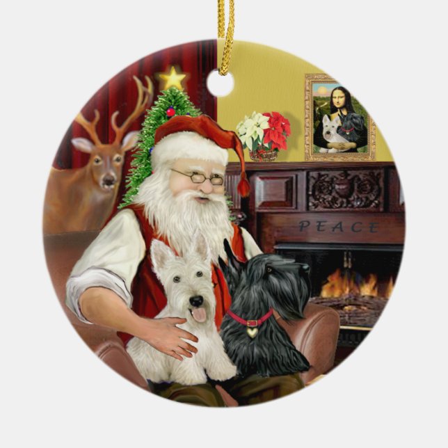 Santa's TWO Scottish Terriers Ceramic Tree Decoration (Front)