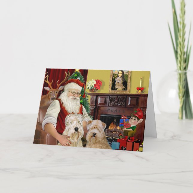 Santa's Wheaten Terriers (TWO) Holiday Card (Front)