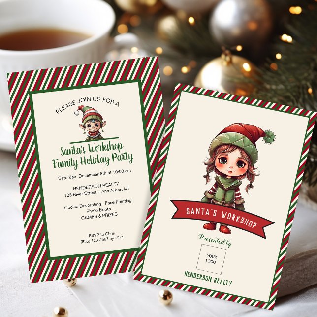 Santa's Workshop Customer Christmas Holiday Party Invitation (Cute elf Christmas party invitations for client appreciation.)