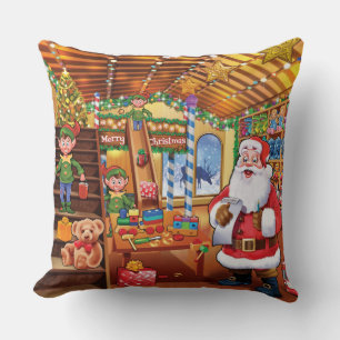 Santa's workshop detailed cushion with Elves!