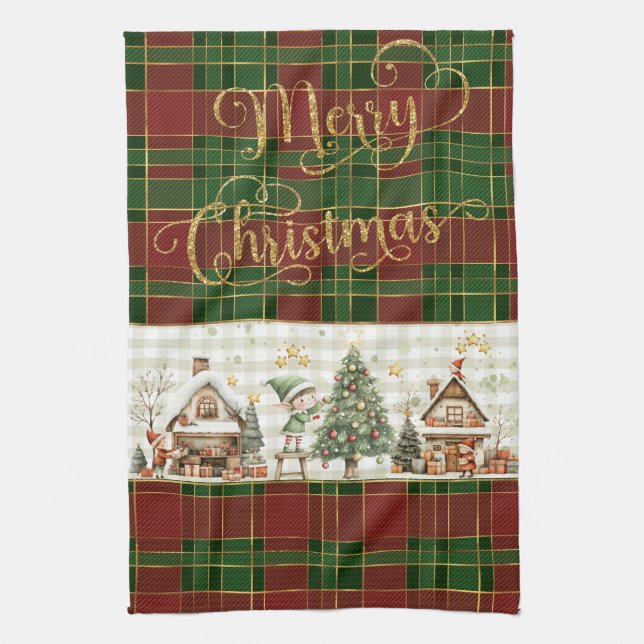 Santa's Workshop Elves Red Green Christmas Tartan  Tea Towel (Vertical)
