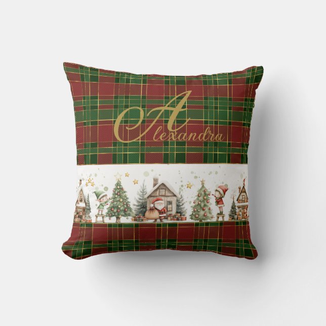 Santa's Workshop Elves Red Green Plaids Christmas Cushion (Front)
