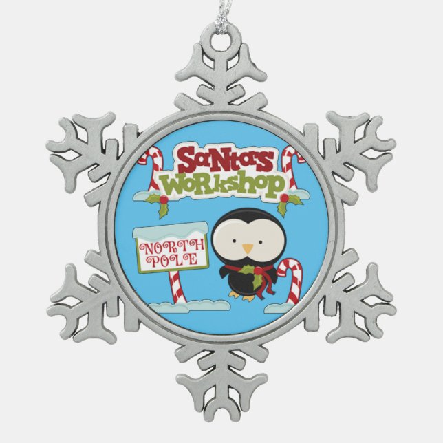 Santa's Workshop Penguin Snowflake Pewter Christmas Ornament (Front)