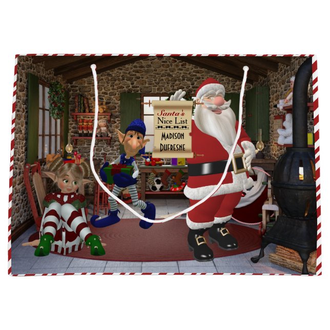 Santa's Workshop Personalised w/Child's Name Large Gift Bag (Front)