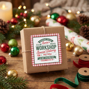 Santa's Workshop Special Santa Delivery Plaid Square Sticker