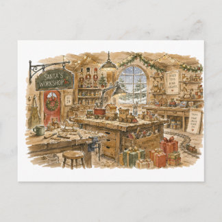 Santa's Workshop Toy Making for Classic Christmas Postcard