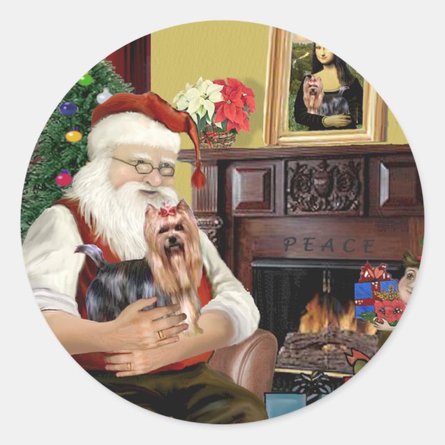 Santa's Yorkshire Terrier #9 Classic Round Sticker (Front)