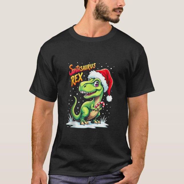 Santasaurus Rex Funny Dinosaur xmas Santa Hat Cand T-Shirt (Front)