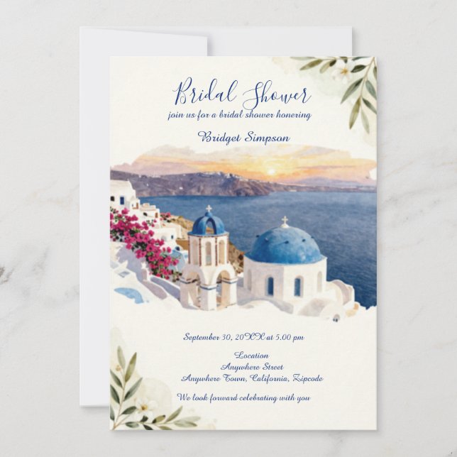 Santorini Blue Destination bridal shower Invitation (Front)