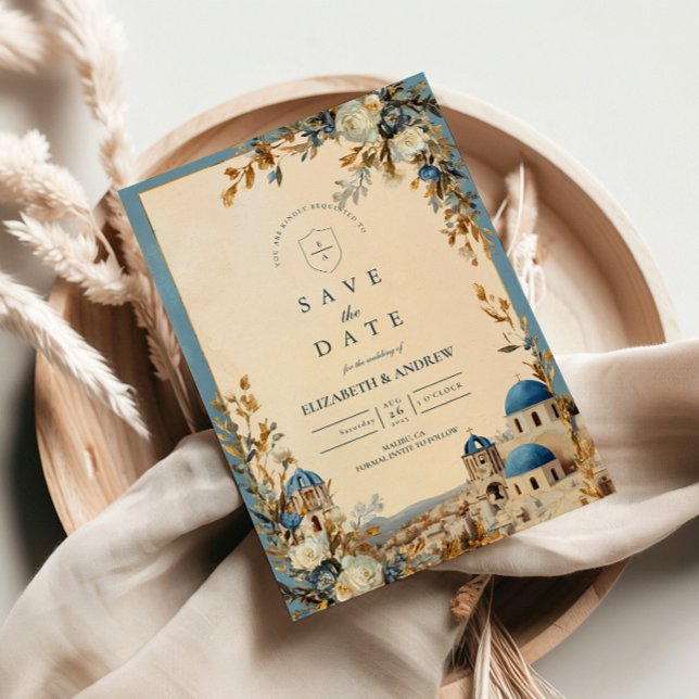 Santorini Blue Dome Botanical Elegance Save The Date (Creator Uploaded)