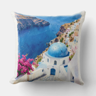 Santorini Blue Dome Watercolor Poster Cushion