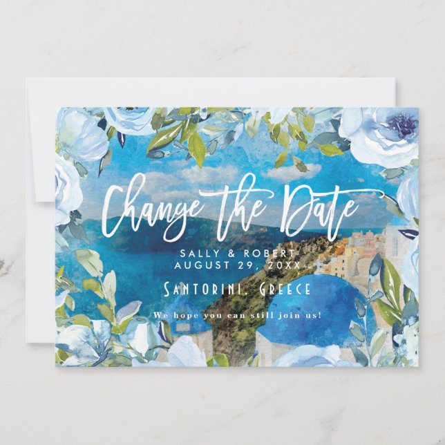Santorini blue floral wedding change the date card (Front)