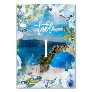 Santorini blue floral wedding table number card