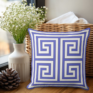 Santorini Blue Greek Key Geometric Pattern Cushion