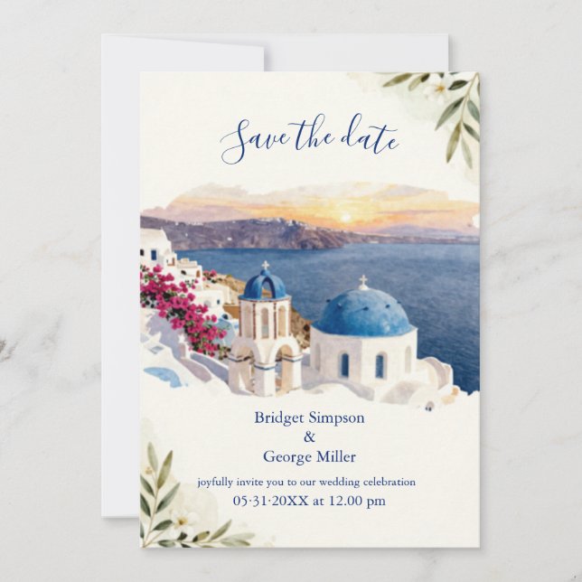 Santorini Blue Watercolor Destination Wedding Invitation (Front)