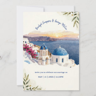 Santorini Blue Watercolor Destination Wedding Invitation