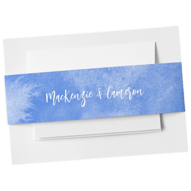 Santorini Blue Watercolor Wedding Invitation Belly Band (Santorini blue watercolor script font couple names belly band)
