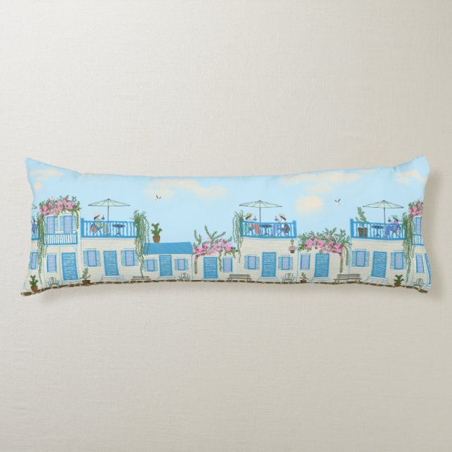 Santorini Blue White Coastal Mediterranean Decor Body Cushion (Front)