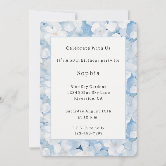 Santorini Blue White Flowers Birthday Invitation (Front)