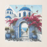 Santorini Church Blue Floral Wedding Anniversary  Scarf<br><div class="desc">Collection of matching set - tote bag and scarf - Mediterranean Theme - Bougainvillea. Celebrate everlasting love with exquisite Mediterranean Blue Coast Santorini Church Wedding Anniversary Tote Bag and scarves , a perfect blend of romance and timeless design. Transport yourself to the sun-kissed shores of the Mediterranean as you commemorate...</div>