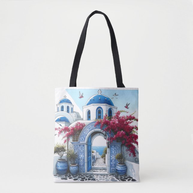 Santorini Church Blue Wedding Anniversary Custom Tote Bag (Front)