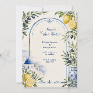 Santorini Coastal Blue Tile Watercolor Wedding Invitation