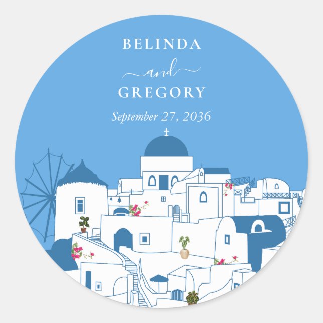 Santorini Destination Greek Island Wedding  Classic Round Sticker (Front)