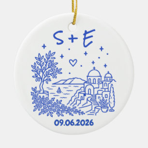 Santorini Destination Wedding Initials & Date Ceramic Tree Decoration