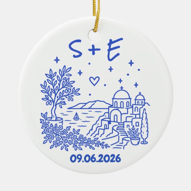 Santorini Destination Wedding Initials & Date Ceramic Tree Decoration (Front)