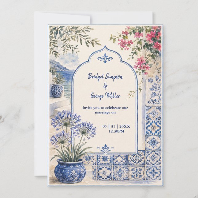 Santorini floral Blue Tile Watercolor Wedding Invitation (Front)