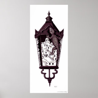 Santorini gekko surreal concept black and white poster