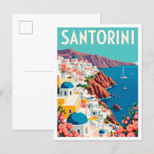 Santorini Greece Art Vintage Illustration Travel Postcard