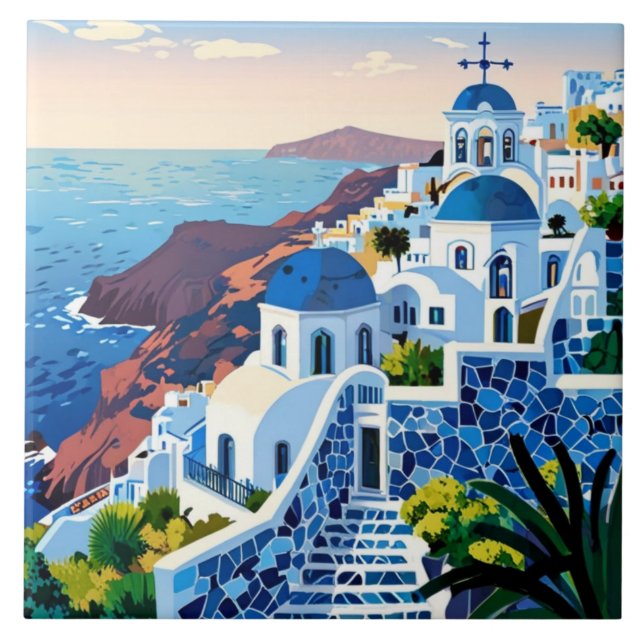 Santorini Greece at Sunset - Greek Island Tile (Front)
