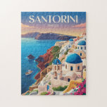 Santorini Greece Blue Dome Travel Art Vintage Jigsaw Puzzle<br><div class="desc">Santorini retro vector travel design. Santorini,  the jewel of the Cyclades,  is world-renowned for its dramatic caldera views,  whitewashed cliffside villages,  and unforgettable sunsets.</div>