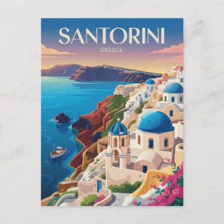 Santorini Greece Blue Dome Travel Art Vintage Postcard