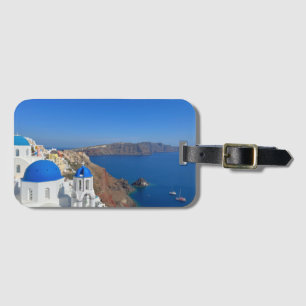 Santorini Greece Blue Domed Church Photograph Luggage Tag