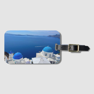 Santorini Greece Blue Domed Church Photograph Luggage Tag