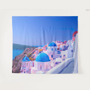Santorini Greece Blue Island Photo Booth Backdrop Tapestry